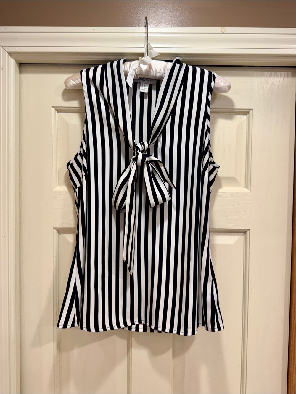 Forever 21 Black & White Vertical Stripe Silky Tie-Neck Blouse